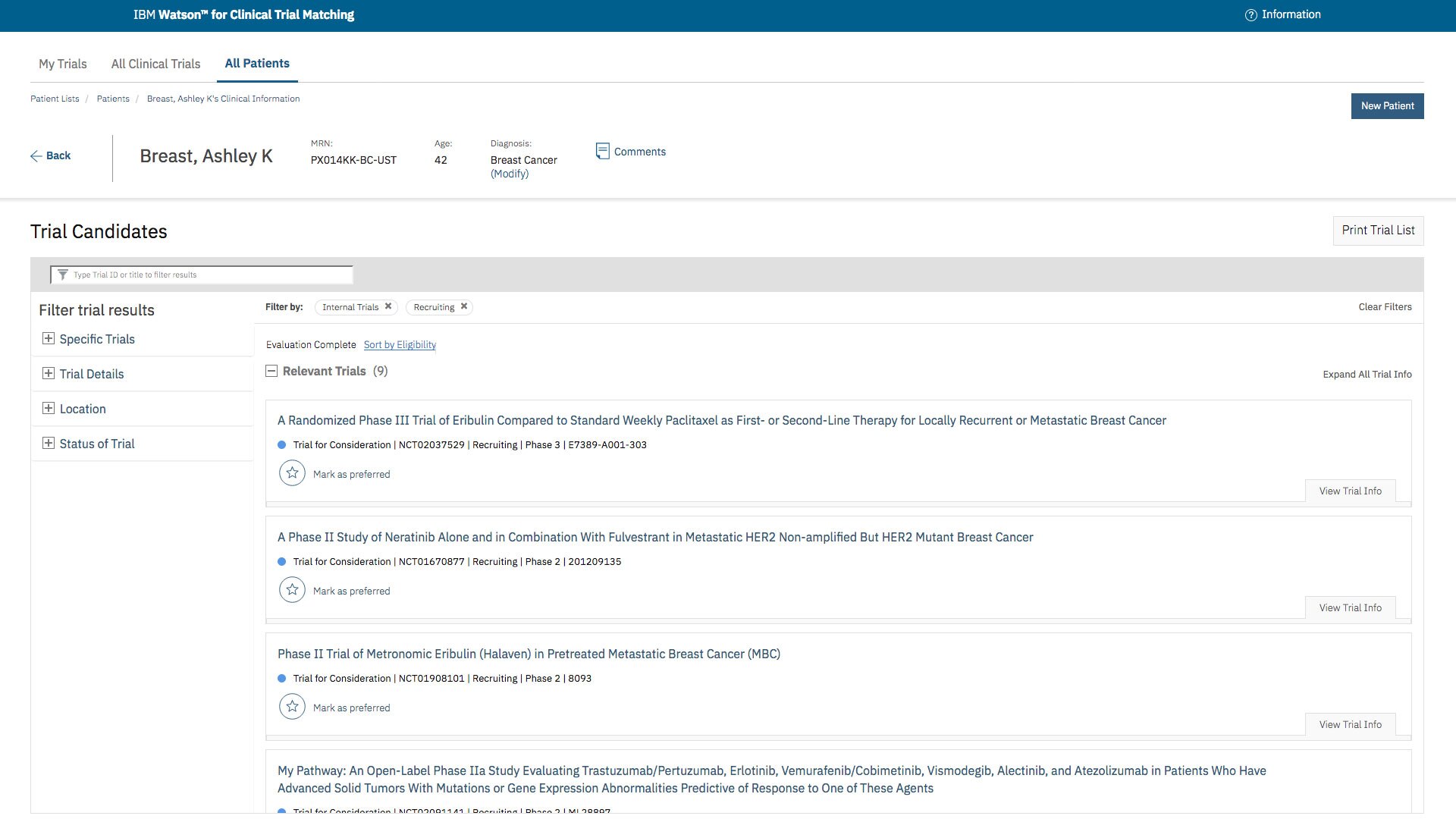 Watson provides a list of relevant trials for the patient
