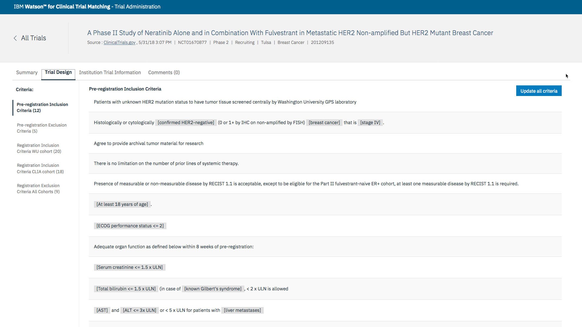 Review and edit eligibility criteria to enhance Watson's understanding