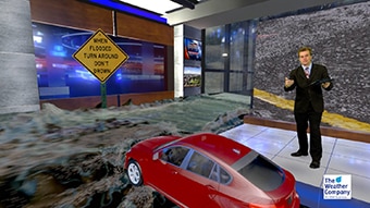 Display of flooding impact using Max Reality in a virtual set.