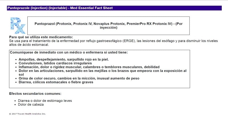 Sample of Micromedex Medication Essential Fact Sheet in Spanish